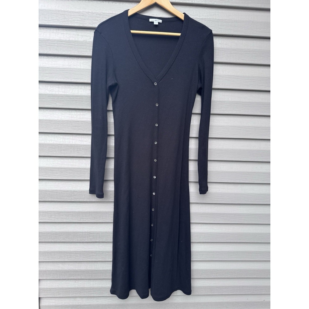 James Perse Ribbed Black Long Sleeve V Neck Midi Dress Size 3 (L)
